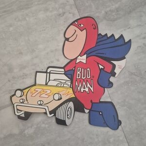 NOS Vintage Budweiser Bud Man Race Car Peel & Stick Store Display Sticker Rare